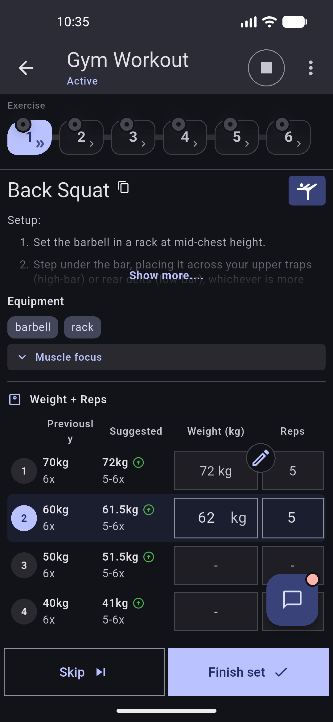 Svarogen guided workout session for logging reps and weight