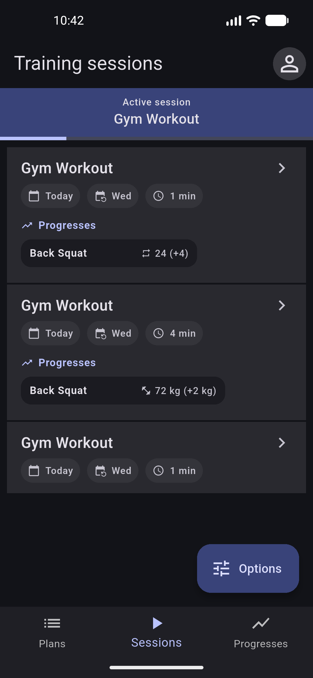 Svarogen training sessions history list